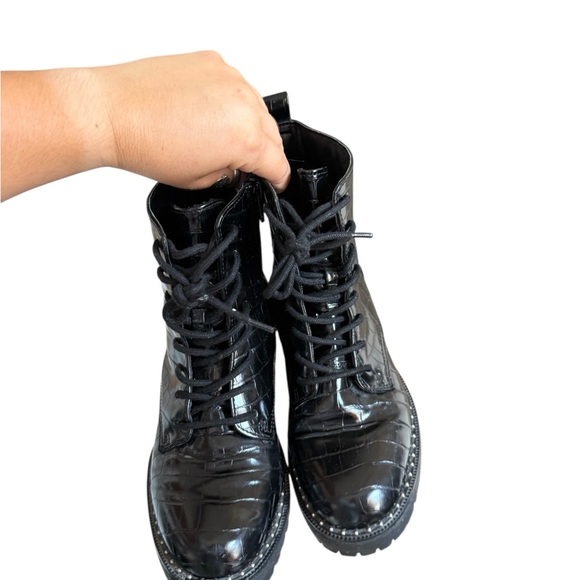 Black Croc-Embossed Combat Boots w/ Studs - Picture 2 of 6